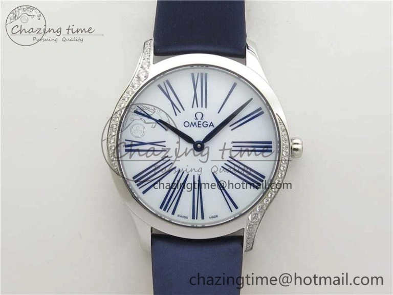 Ladies’ De Ville Trésor Diamond SS 3AF 1:1 Best Edition White Dial On Blue Fabric Strap Swiss Quartz