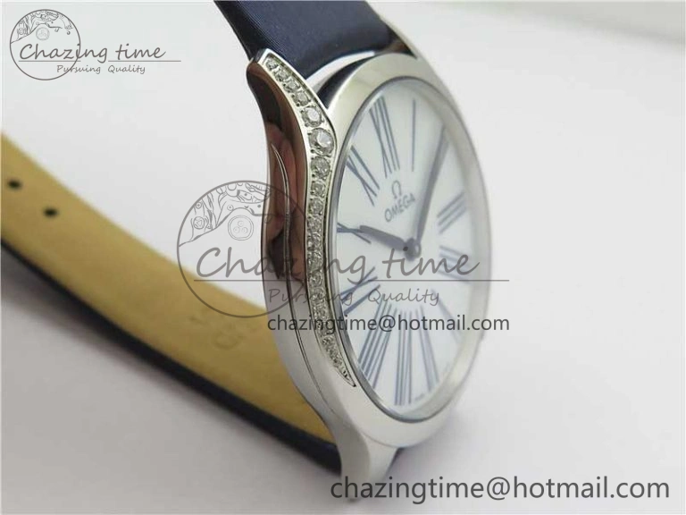 Ladies’ De Ville Trésor Diamond SS 3AF 1:1 Best Edition White Dial On Blue Fabric Strap Swiss Quartz