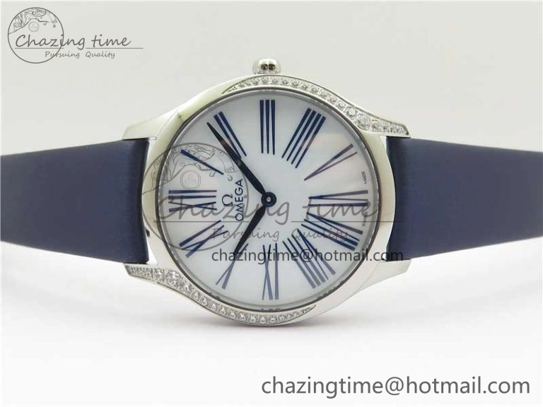 Ladies’ De Ville Trésor Diamond SS 3AF 1:1 Best Edition White Dial On Blue Fabric Strap Swiss Quartz