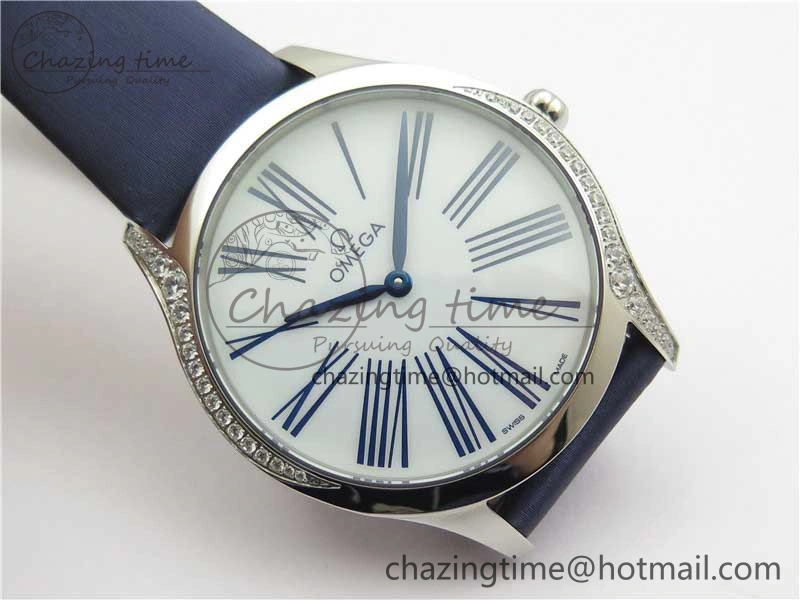 Ladies’ De Ville Trésor Diamond SS 3AF 1:1 Best Edition White Dial On Blue Fabric Strap Swiss Quartz