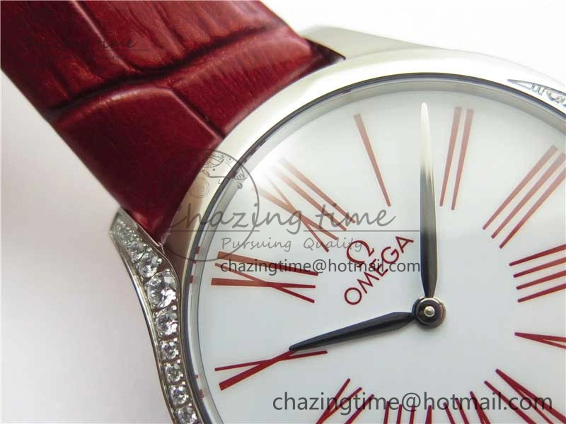Ladies’ De Ville Trésor Diamond SS 3AF 1:1 Best Edition White Dial On Red Leather Strap Swiss Quartz