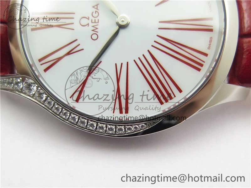 Ladies’ De Ville Trésor Diamond SS 3AF 1:1 Best Edition White Dial On Red Leather Strap Swiss Quartz