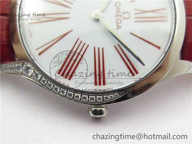 Ladies’ De Ville Trésor Diamond SS 3AF 1:1 Best Edition White Dial On Red Leather Strap Swiss Quartz