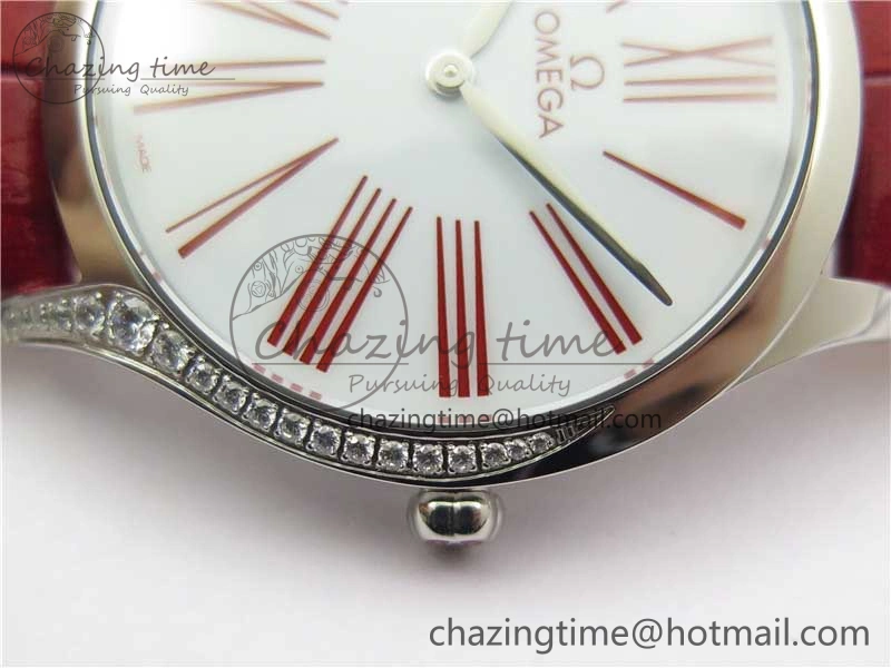 Ladies’ De Ville Trésor Diamond SS 3AF 1:1 Best Edition White Dial On Red Leather Strap Swiss Quartz
