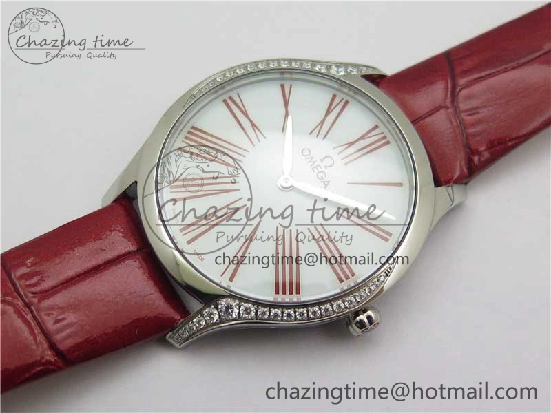 Ladies’ De Ville Trésor Diamond SS 3AF 1:1 Best Edition White Dial On Red Leather Strap Swiss Quartz