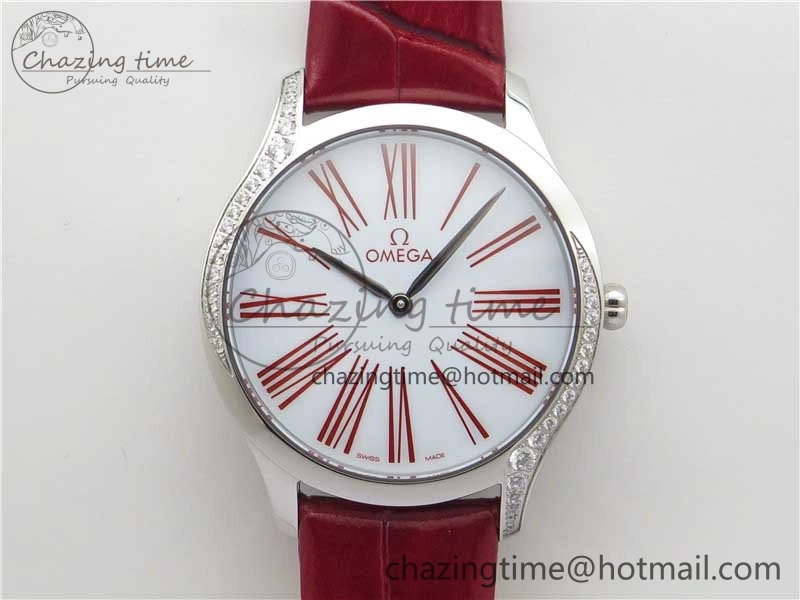 Ladies’ De Ville Trésor Diamond SS 3AF 1:1 Best Edition White Dial On Red Leather Strap Swiss Quartz