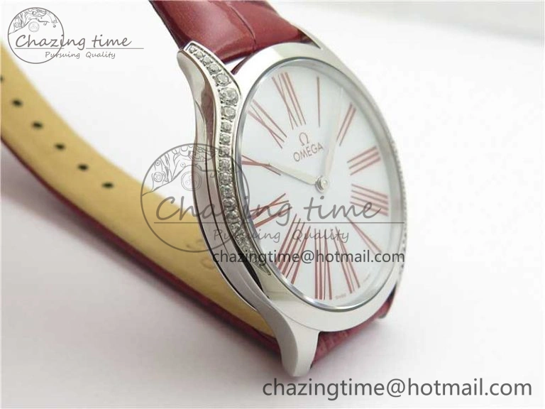Ladies’ De Ville Trésor Diamond SS 3AF 1:1 Best Edition White Dial On Red Leather Strap Swiss Quartz