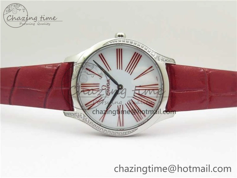 Ladies’ De Ville Trésor Diamond SS 3AF 1:1 Best Edition White Dial On Red Leather Strap Swiss Quartz