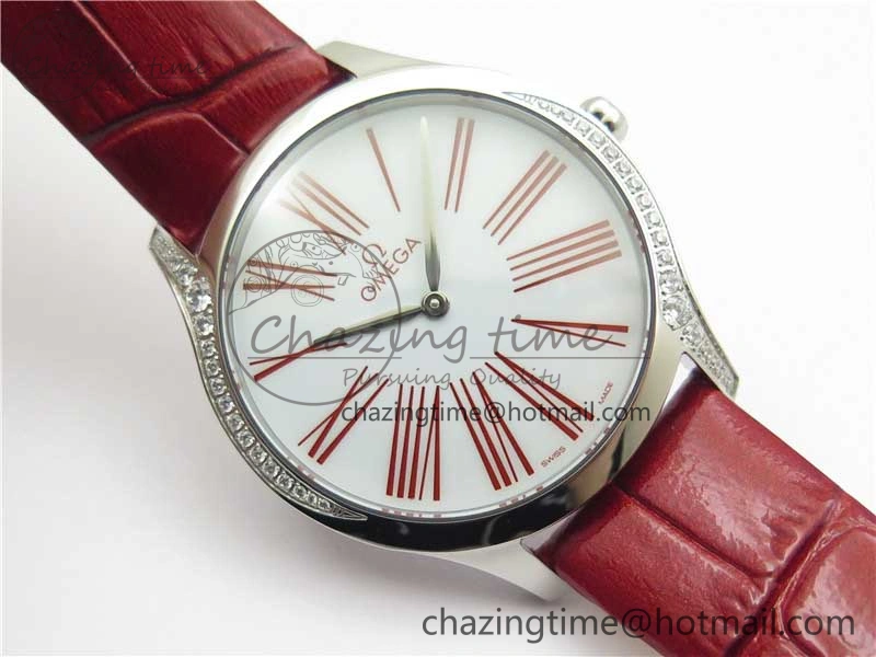 Ladies’ De Ville Trésor Diamond SS 3AF 1:1 Best Edition White Dial On Red Leather Strap Swiss Quartz