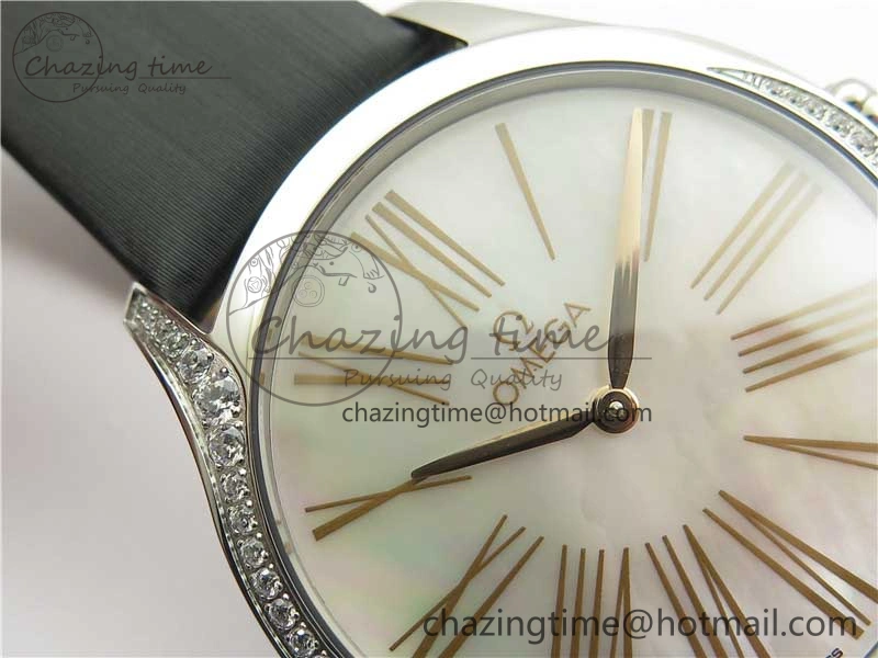 Ladies’ De Ville Trésor Diamond SS 3AF 1:1 Best Edition White MOP Dial RG Markers On Black Fabric strap Swiss Quartz