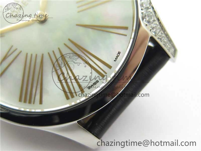 Ladies’ De Ville Trésor Diamond SS 3AF 1:1 Best Edition White MOP Dial RG Markers On Black Fabric strap Swiss Quartz