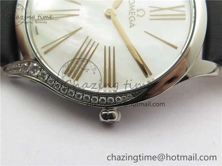 Ladies’ De Ville Trésor Diamond SS 3AF 1:1 Best Edition White MOP Dial RG Markers On Black Fabric strap Swiss Quartz