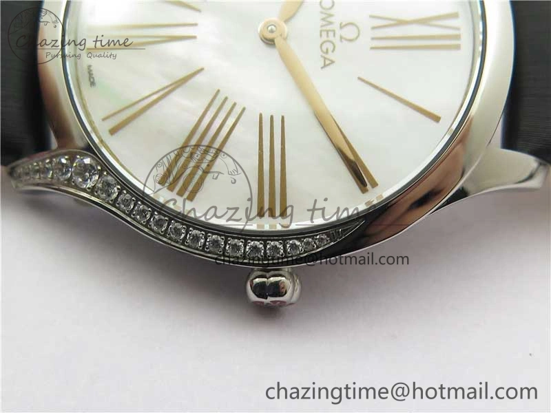 Ladies’ De Ville Trésor Diamond SS 3AF 1:1 Best Edition White MOP Dial RG Markers On Black Fabric strap Swiss Quartz
