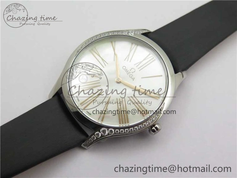 Ladies’ De Ville Trésor Diamond SS 3AF 1:1 Best Edition White MOP Dial RG Markers On Black Fabric strap Swiss Quartz