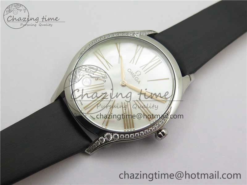 Ladies’ De Ville Trésor Diamond SS 3AF 1:1 Best Edition White MOP Dial RG Markers On Black Fabric strap Swiss Quartz