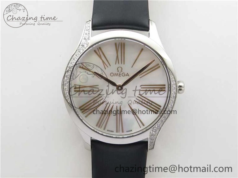 Ladies’ De Ville Trésor Diamond SS 3AF 1:1 Best Edition White MOP Dial RG Markers On Black Fabric strap Swiss Quartz