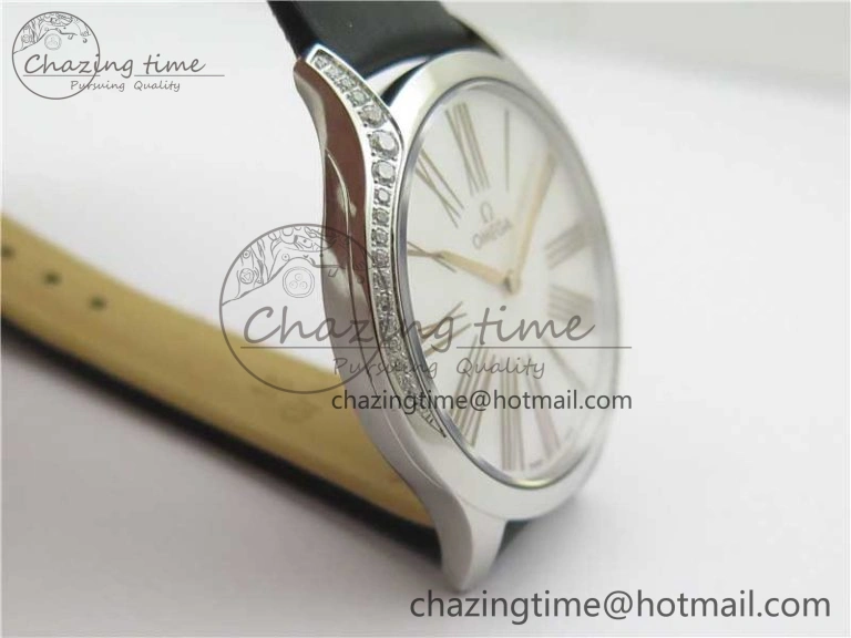 Ladies’ De Ville Trésor Diamond SS 3AF 1:1 Best Edition White MOP Dial RG Markers On Black Fabric strap Swiss Quartz
