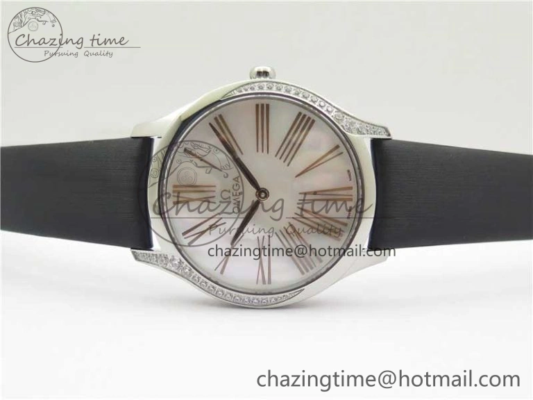 Ladies’ De Ville Trésor Diamond SS 3AF 1:1 Best Edition White MOP Dial RG Markers On Black Fabric strap Swiss Quartz