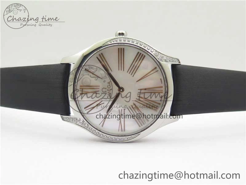 Ladies’ De Ville Trésor Diamond SS 3AF 1:1 Best Edition White MOP Dial RG Markers On Black Fabric strap Swiss Quartz
