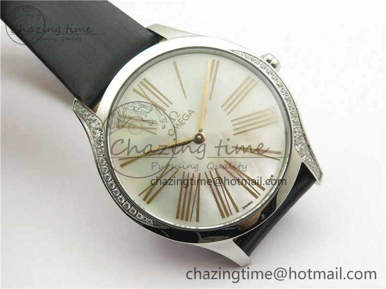 Ladies’ De Ville Trésor Diamond SS 3AF 1:1 Best Edition White MOP Dial RG Markers On Black Fabric strap Swiss Quartz