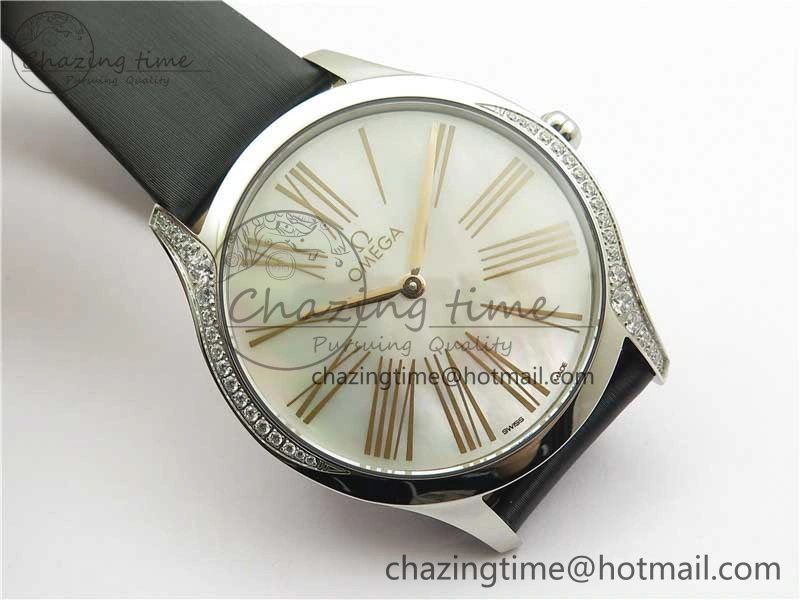 Ladies’ De Ville Trésor Diamond SS 3AF 1:1 Best Edition White MOP Dial RG Markers On Black Fabric strap Swiss Quartz