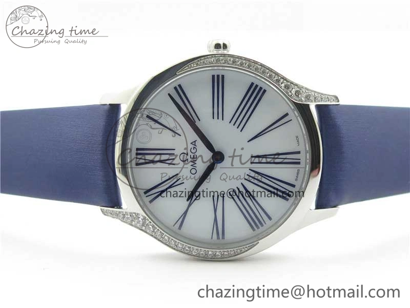 Ladies’ De Ville Trésor Diamond White Dial Blue Fabric Watch OXF 1:1 Best Edition Swiss Quartz