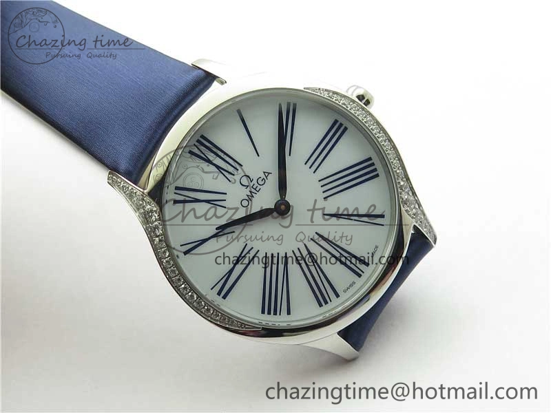 Ladies’ De Ville Trésor Diamond White Dial Blue Fabric Watch OXF 1:1 Best Edition Swiss Quartz