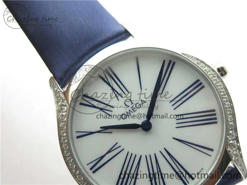 Ladies’ De Ville Trésor Diamond White Dial Blue Fabric Watch OXF 1:1 Best Edition Swiss Quartz