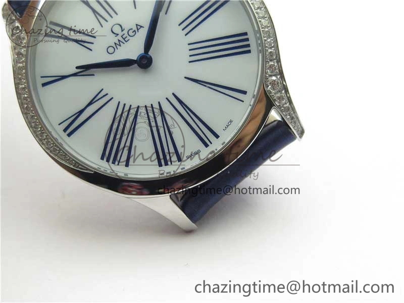 Ladies’ De Ville Trésor Diamond White Dial Blue Fabric Watch OXF 1:1 Best Edition Swiss Quartz