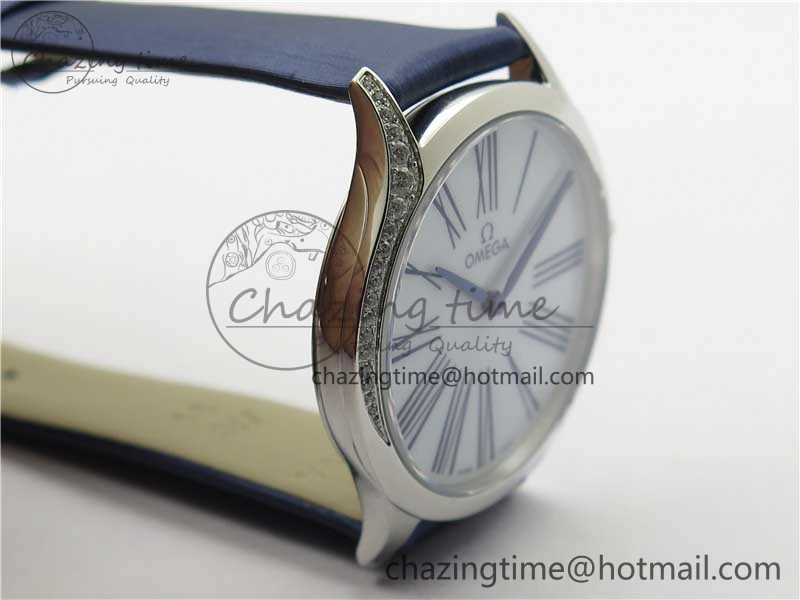 Ladies’ De Ville Trésor Diamond White Dial Blue Fabric Watch OXF 1:1 Best Edition Swiss Quartz