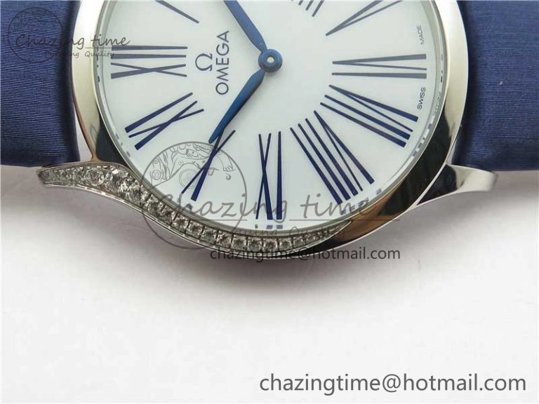 Ladies’ De Ville Trésor Diamond White Dial Blue Fabric Watch OXF 1:1 Best Edition Swiss Quartz