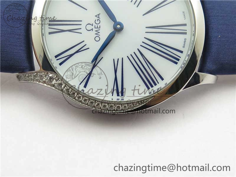 Ladies’ De Ville Trésor Diamond White Dial Blue Fabric Watch OXF 1:1 Best Edition Swiss Quartz