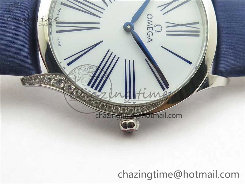 Ladies’ De Ville Trésor Diamond White Dial Blue Fabric Watch OXF 1:1 Best Edition Swiss Quartz