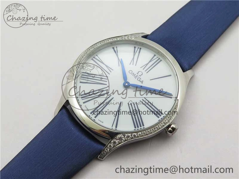 Ladies’ De Ville Trésor Diamond White Dial Blue Fabric Watch OXF 1:1 Best Edition Swiss Quartz