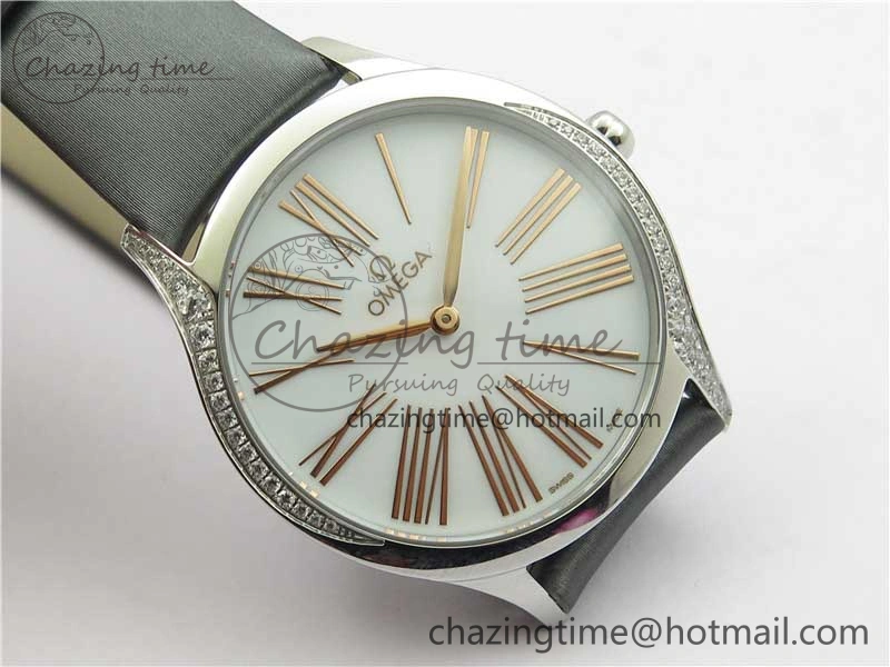 Ladies’ De Ville Trésor Diamond White Dial Gray Fabric Watch OXF 1:1 Best Edition Swiss Quartz