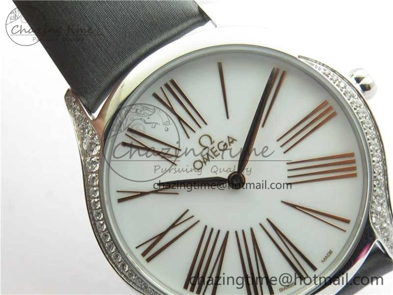 Ladies’ De Ville Trésor Diamond White Dial Gray Fabric Watch OXF 1:1 Best Edition Swiss Quartz