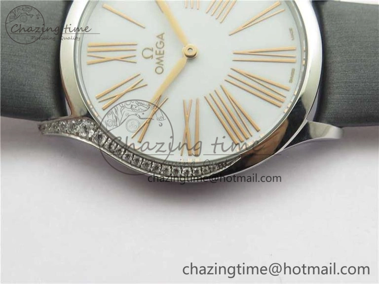 Ladies’ De Ville Trésor Diamond White Dial Gray Fabric Watch OXF 1:1 Best Edition Swiss Quartz