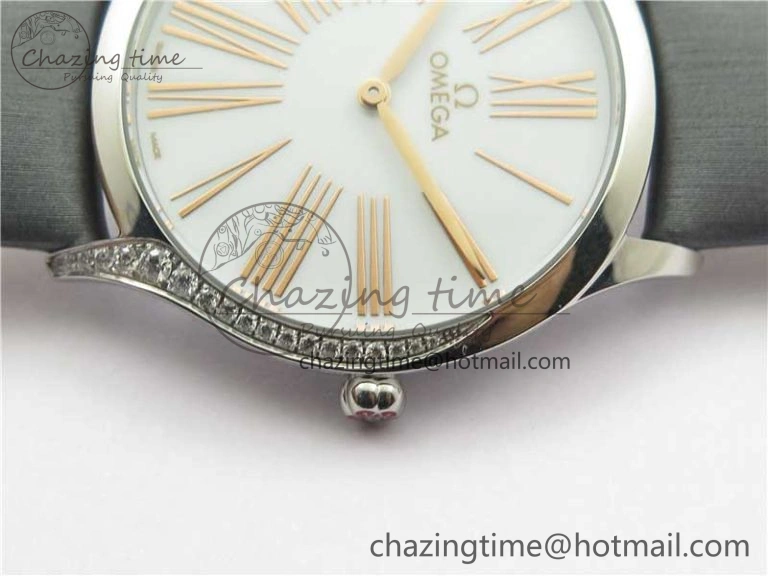 Ladies’ De Ville Trésor Diamond White Dial Gray Fabric Watch OXF 1:1 Best Edition Swiss Quartz