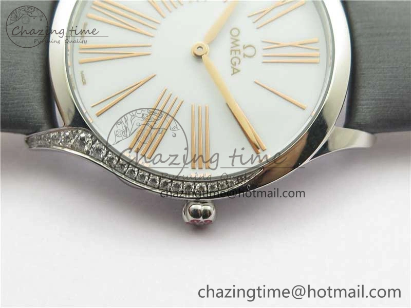 Ladies’ De Ville Trésor Diamond White Dial Gray Fabric Watch OXF 1:1 Best Edition Swiss Quartz