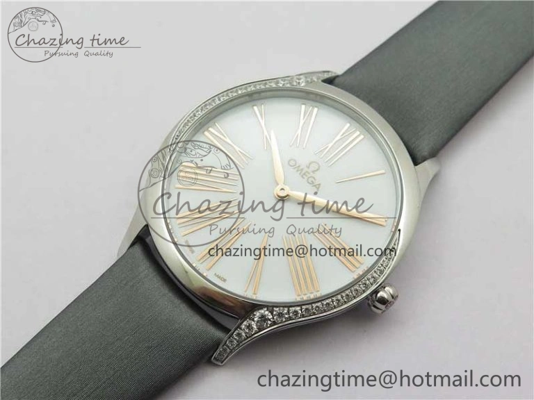 Ladies’ De Ville Trésor Diamond White Dial Gray Fabric Watch OXF 1:1 Best Edition Swiss Quartz