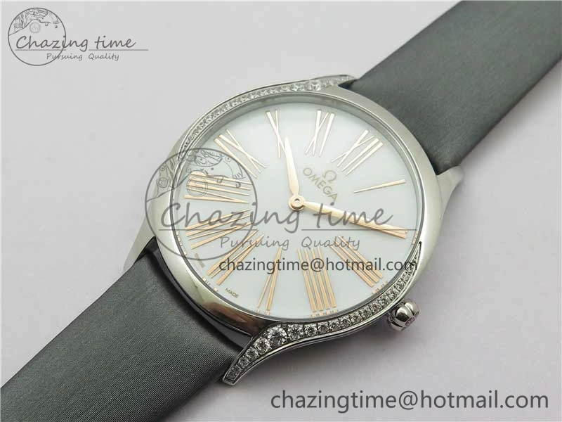 Ladies’ De Ville Trésor Diamond White Dial Gray Fabric Watch OXF 1:1 Best Edition Swiss Quartz