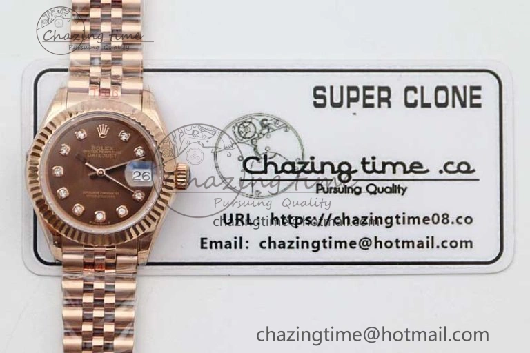 Lady DateJust 28 RG TWF 1:1 Best Edition Brown Dial Diamonds Markers on Jubilee Bracelet NH05