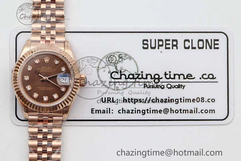 Lady DateJust 28 RG TWF 1:1 Best Edition Brown Dial Diamonds Markers on Jubilee Bracelet NH05