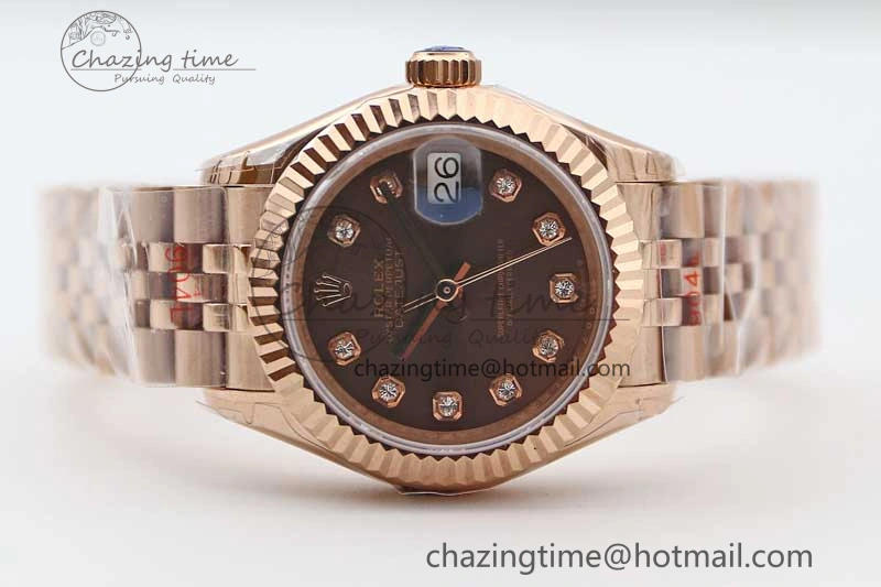 Lady DateJust 28 RG TWF 1:1 Best Edition Brown Dial Diamonds Markers on Jubilee Bracelet NH05