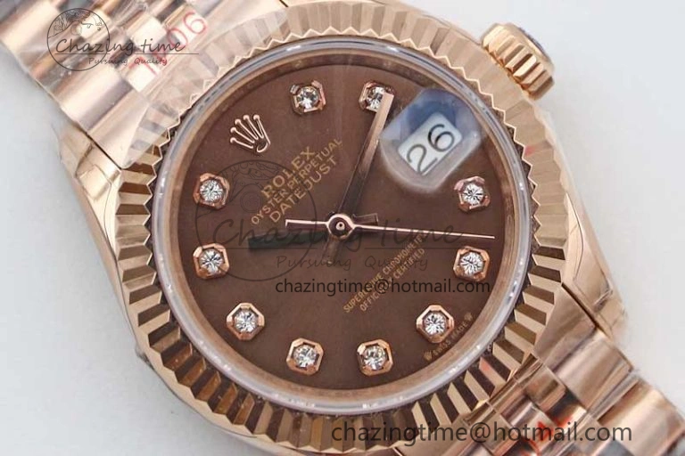 Lady DateJust 28 RG TWF 1:1 Best Edition Brown Dial Diamonds Markers on Jubilee Bracelet NH05