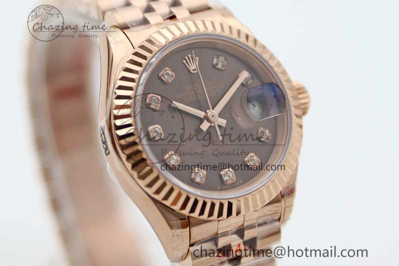 Lady DateJust 28 RG TWF 1:1 Best Edition Brown Dial Diamonds Markers on Jubilee Bracelet NH05