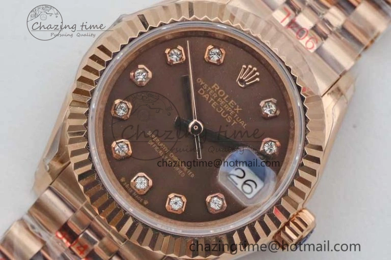 Lady DateJust 28 RG TWF 1:1 Best Edition Brown Dial Diamonds Markers on Jubilee Bracelet NH05