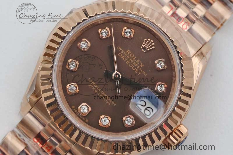Lady DateJust 28 RG TWF 1:1 Best Edition Brown Dial Diamonds Markers on Jubilee Bracelet NH05