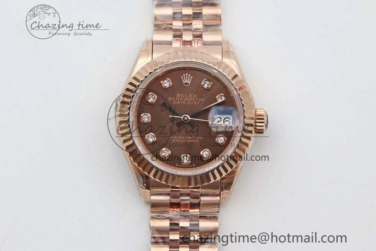 Lady DateJust 28 RG TWF 1:1 Best Edition Brown Dial Diamonds Markers on Jubilee Bracelet NH05