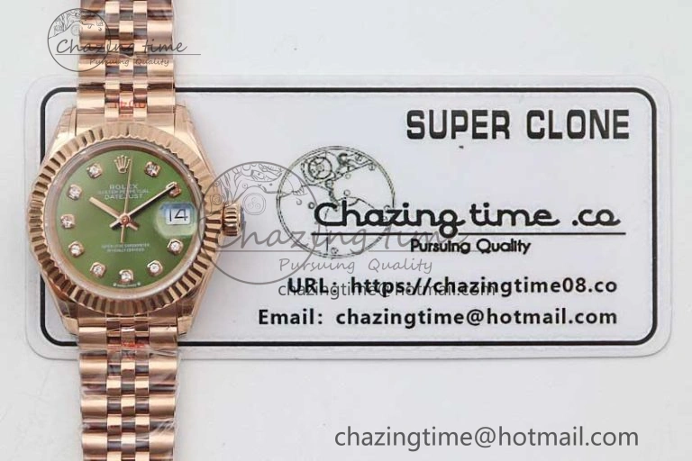 Lady DateJust 28 RG TWF 1:1 Best Edition Green Dial Diamonds Markers on Jubilee Bracelet NH05